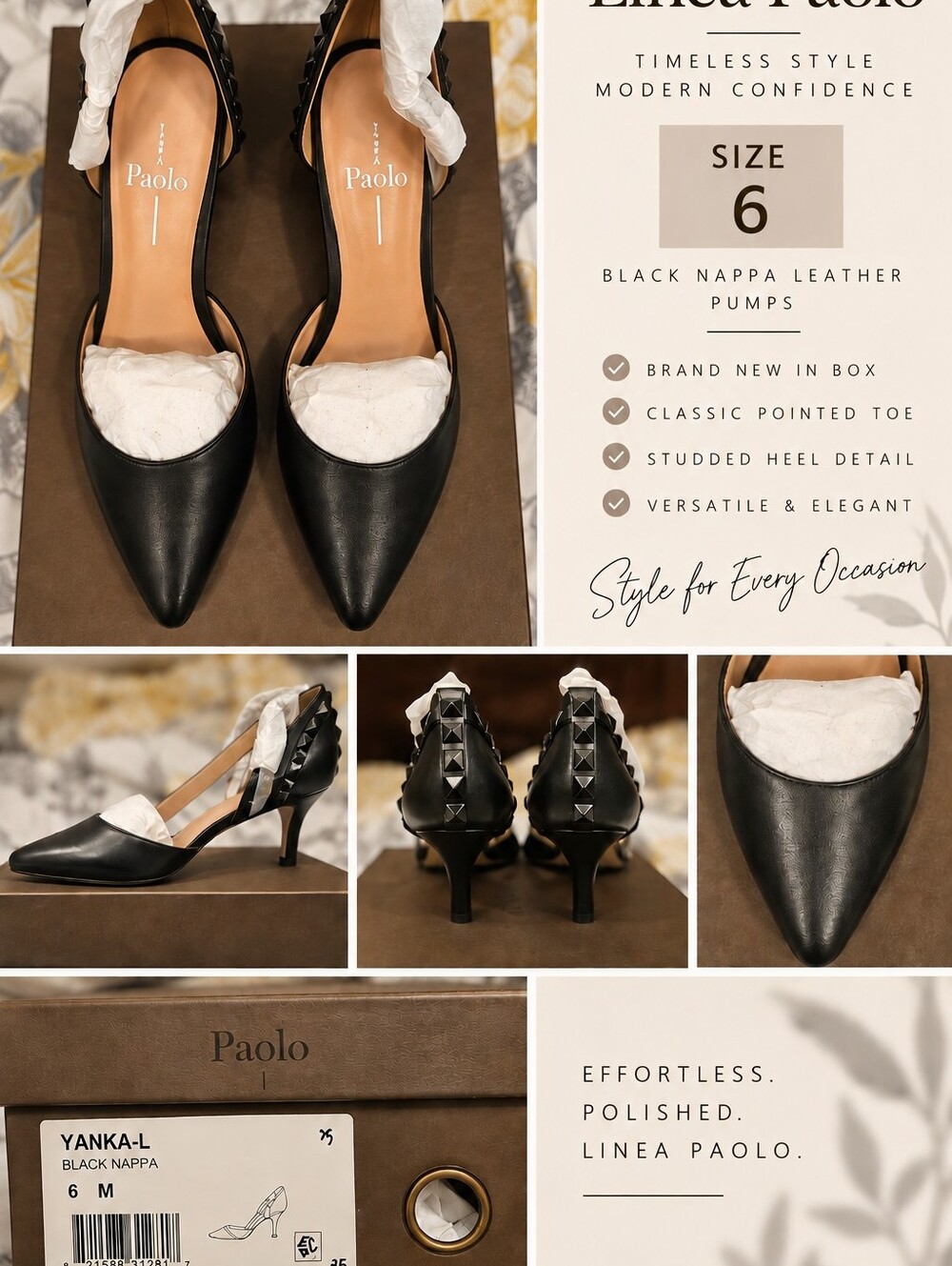 NIB Libea Paolo Black Nappa Leather Pointed Slingback Pumps with Studded Heel